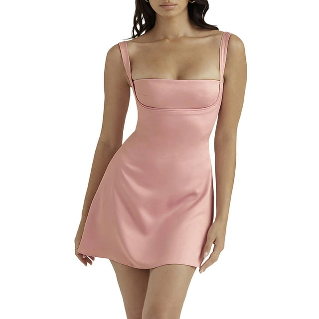 Mujeres Sexy Slim Mini Vestido Hueco Backless Vestidos Cortos Halter V-Cuello Vestidos de Fiesta Clubwear Nituyy Rosa, blanco, albaricoque, negro. Vestido veraniego de cuello cuadrado.
