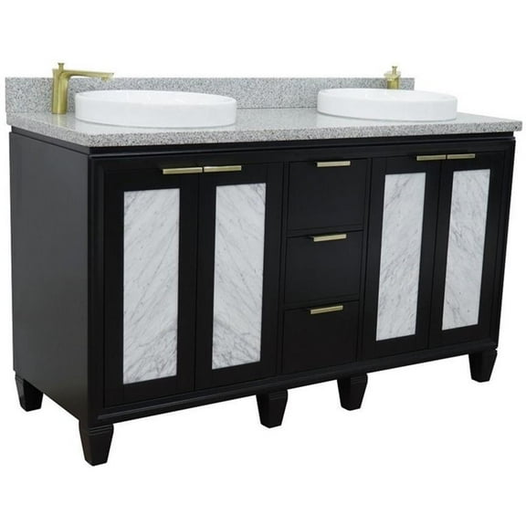 Trento 61" Double Round Sink Solid Wood Vanity in Blue/Gray Granite Stone