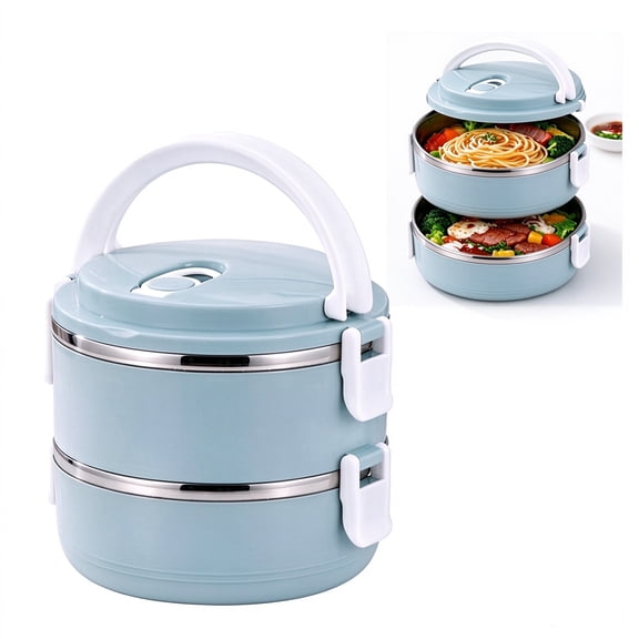 Lipengxiao Blue 2 Tier Stainless Steel Thermal Lunch Box Portable Sealing Warmer Container for Office Camping 1 Pack