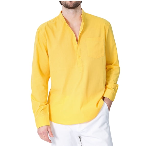 KyCheLot Mens Cotton Work Shirts Solid Color 1/4 Button up Loose Pullover Long Sleeve Shirts Business Tunic Top