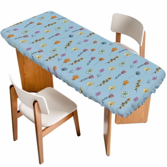 Spring Flowers Table Cloths for 8 Foot Rectangle Tables, Pink Yellow Wildflowers Pastoral Botanical Blue Patio Waterproof Elastic Fitted Tablecloths, Washable Rectangular Table Cover for Camping