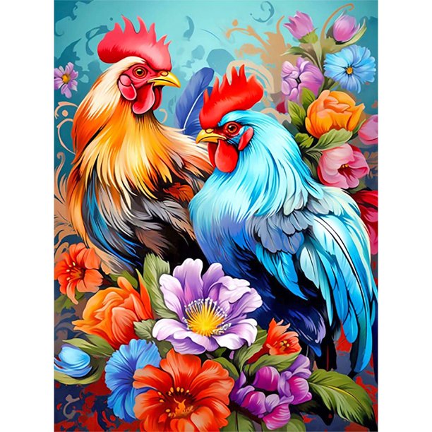 Pintura de diamante 5D DIY, taladro redondo completo, kit de dos gallos, decoración del hogar, 30x40cm