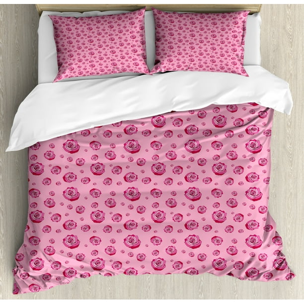 Roses Duvet Cover Set Queen Size, Feminine Monochrome Illustration with