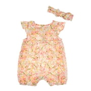Catherine Malandrino girls 2pc Gauze Romper with Headband Set, 0/3M
