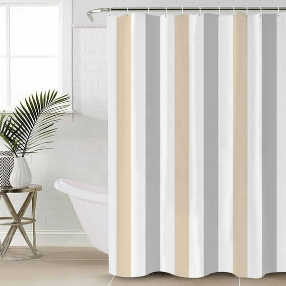 Beige Grey Striped Waterproof Fabric Shower Curtain, Minimalist Farmhouse Stripe Shower Curtain for Bathroom Curtains Bathtubs Hotel Washable Shower Curtains with 12 Hooks Small 36x78in