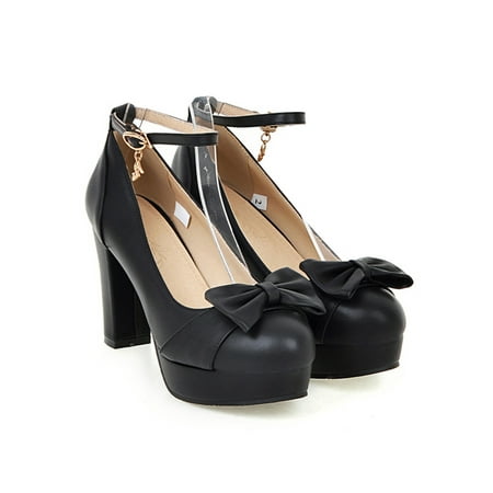 

Zodanni Ladies Bow Dress Shoes Wedding Fashion Chunky Block Heel Mary Jane Comfort Ankle Strap High Heels Black 7.5