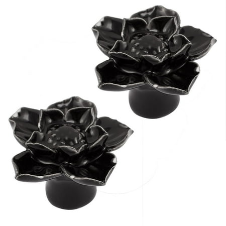 - Cabinet Wardrobe Drawer Door Pull Flower Shape Ceramic Knobs Black 2pcs