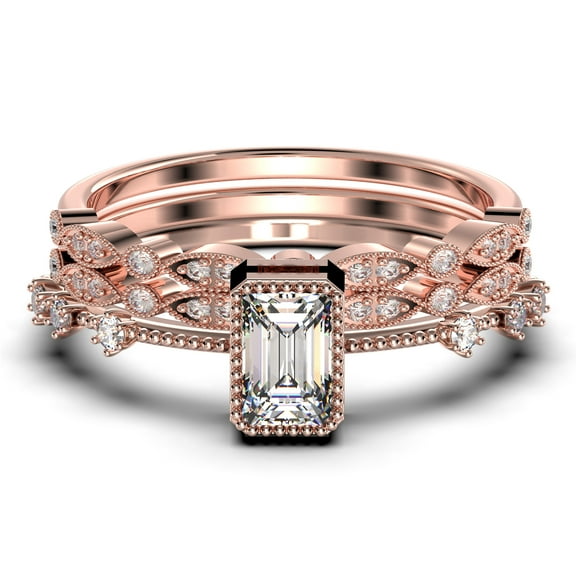 2.25 Carat Emerald Cut Diamond Moissanite Thin Engagement Ring, Slim Wedding Ring in 925 Sterling Silver With 18k Rose Gold Plating Trio Rings Set, Promise Ring, Anniversary Ring