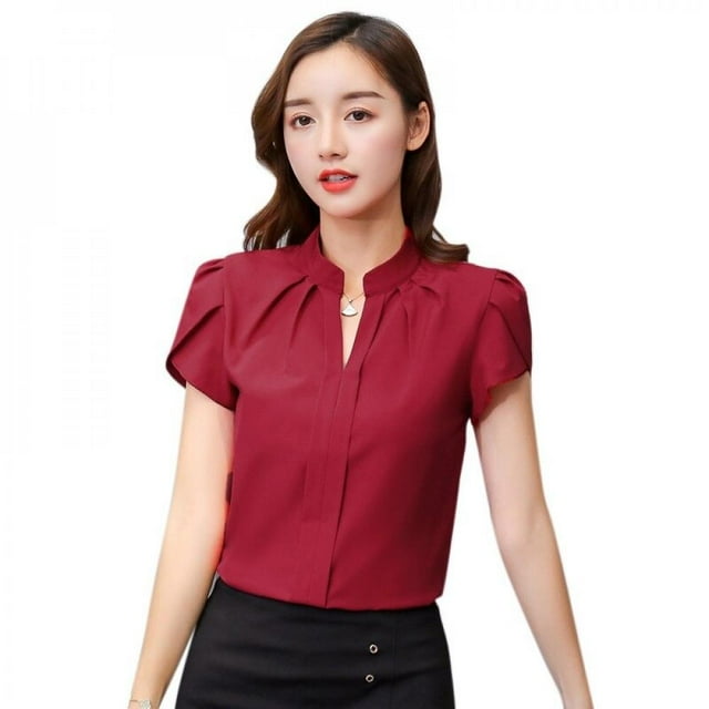 Greyghost SL-New Hauts de Printemps Automne Bureau Chemisier pour Femmes Mode Manches Courtes Col en V Ajusté Pétale
