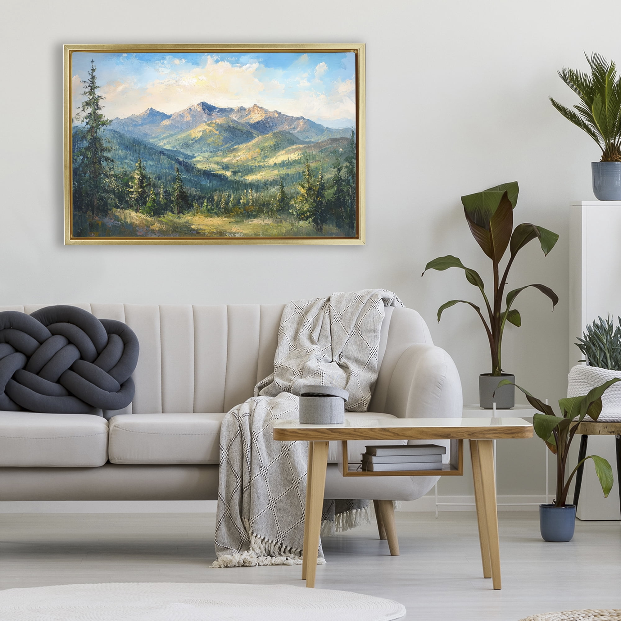 Stupell Industries Valley In The Mountains Gold Framed Floater Canvas Wall Art, design by Petal Prints Design