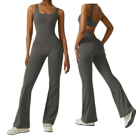 TQWQT Flare Jumpsuits for Women Square Neck Tank Top Bodycon Full Length Scrunch Butt V Back Playsuit Casual Workout Bodysuit Gray XL