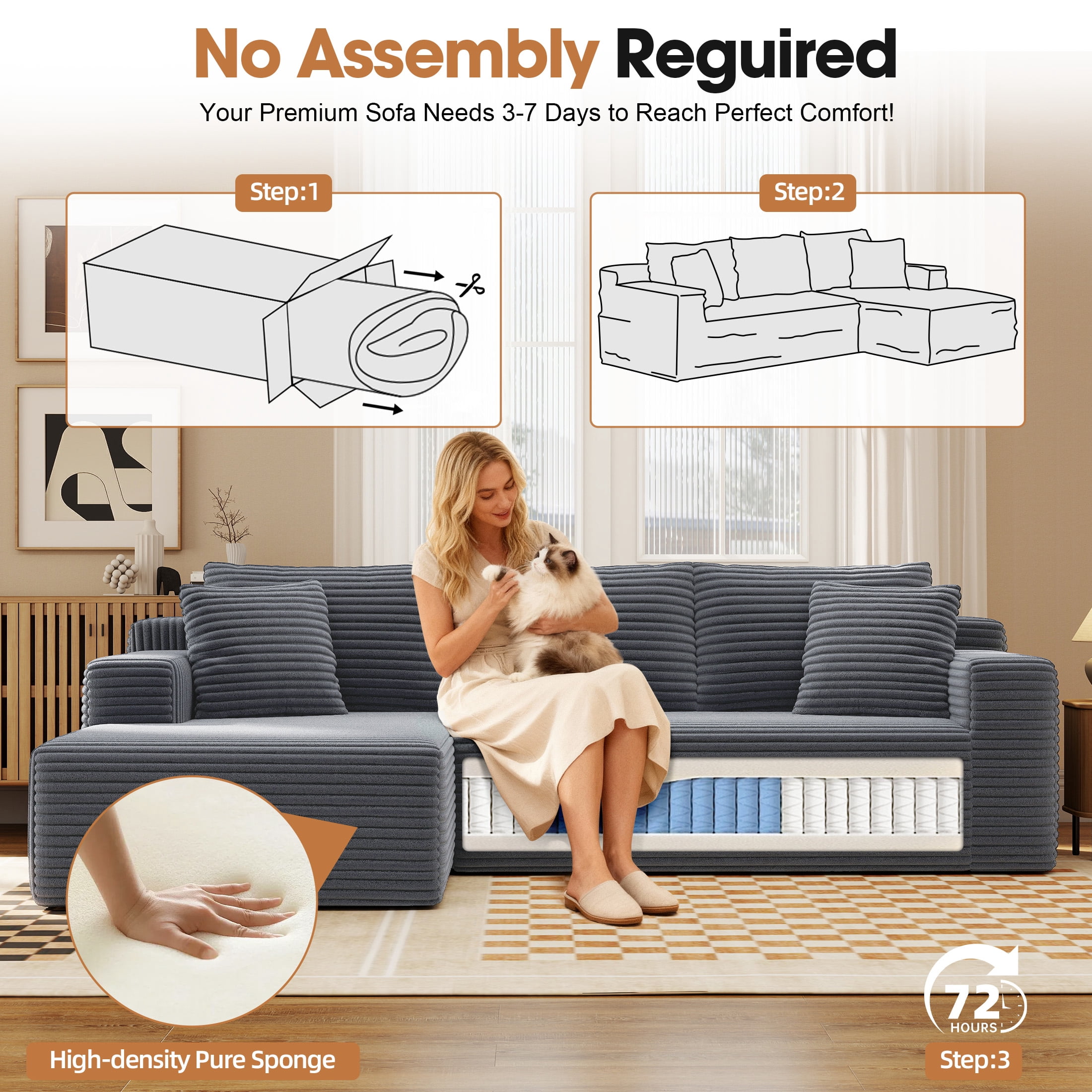 Aukfa Modular Sectional Sofa with Chaise, 95" Boneless Cloud Couch for Living Room, Gray