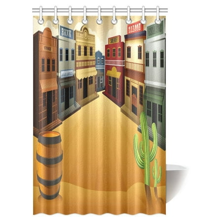 MYPOP Old Western Town Shops Store Street Old Style Structure Design Fabric Bathroom Shower Curtain Set with Hooks, 48 X 72