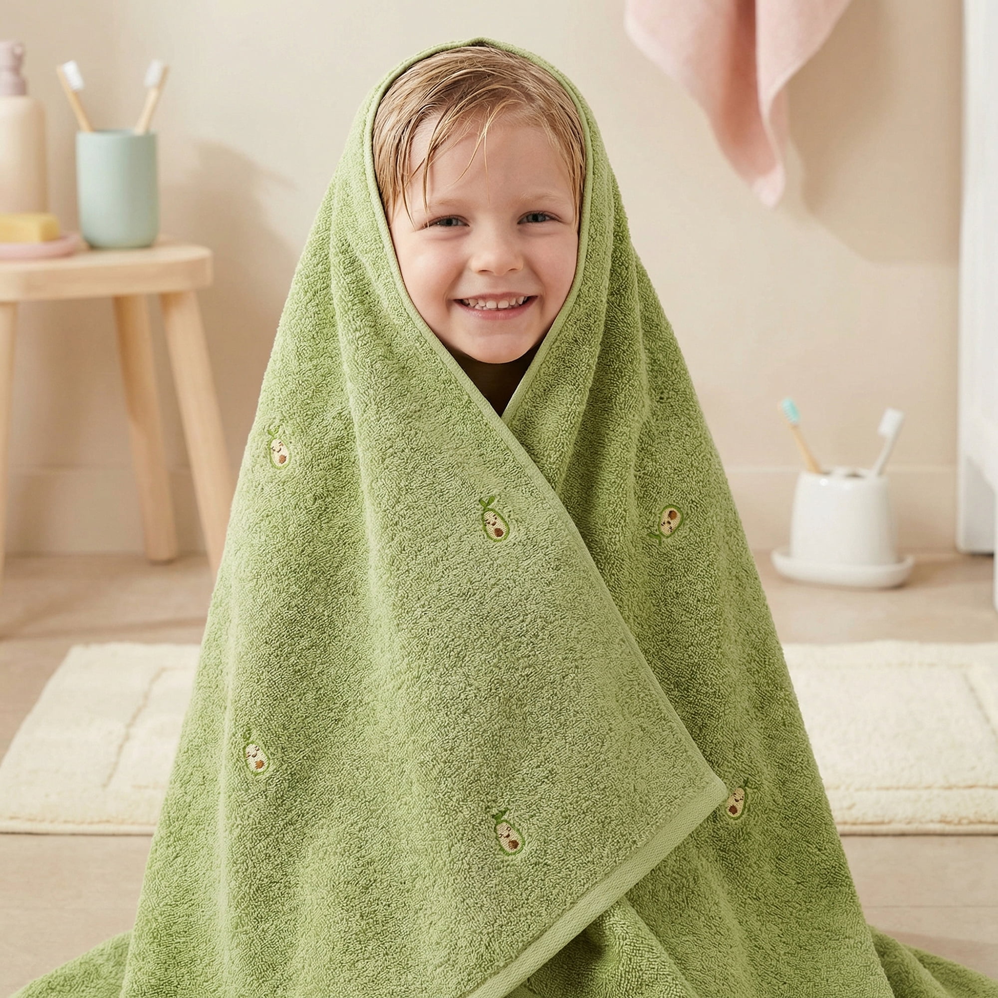 Unique Bargains 1pc Green with Avocado 55" x 28" 1pc White 55" x 28" Soft Towels