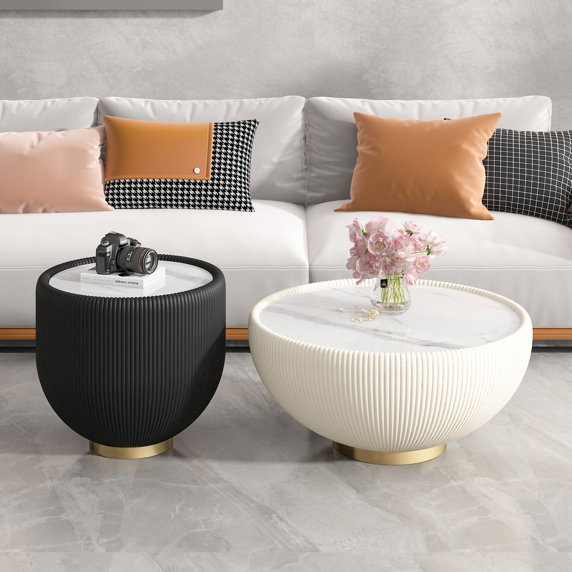 Noble House Mavora Round Marble Side Table with PU Leather Edge and Metal Base, Luxury Coffee Table, Gold & Black