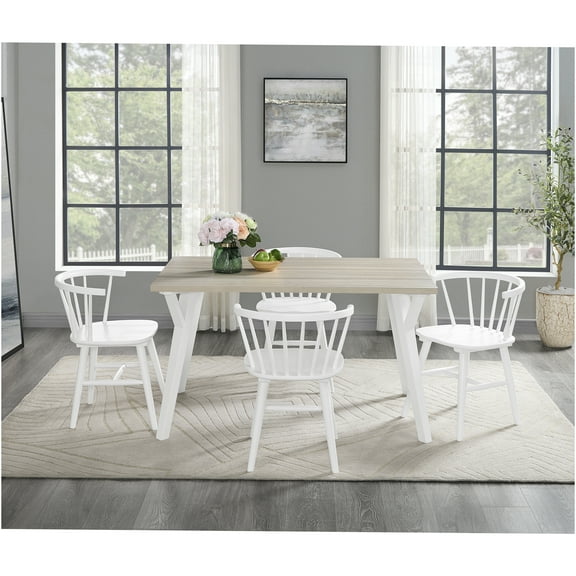 JERFIT 5-Piece Dining Table Set with 4 Chairs, Windsor Style Kitchen Table for 4, Rectangular Farmhouse Table with Wood Top and Antique White Legs