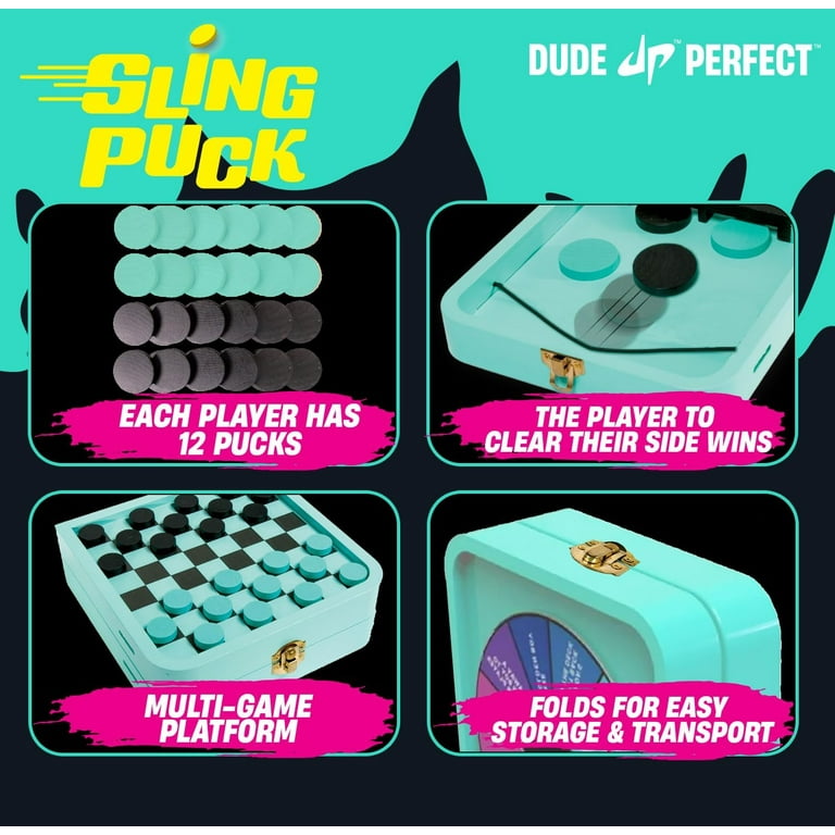 Dude Perfect Sling Puck Board Set, Foldable Tray with Checkers and