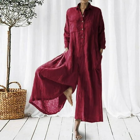 Up to 65% off SEMPAI New Women s Long Sleeved Solid Cotton Linen Loose Bodysuit Bodysuit