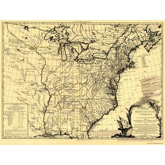 Historic Revolutionary War Map - United States Mississippi Course - Brion de la Tour 1784 - 23 x 28 - Vintage Wall Art