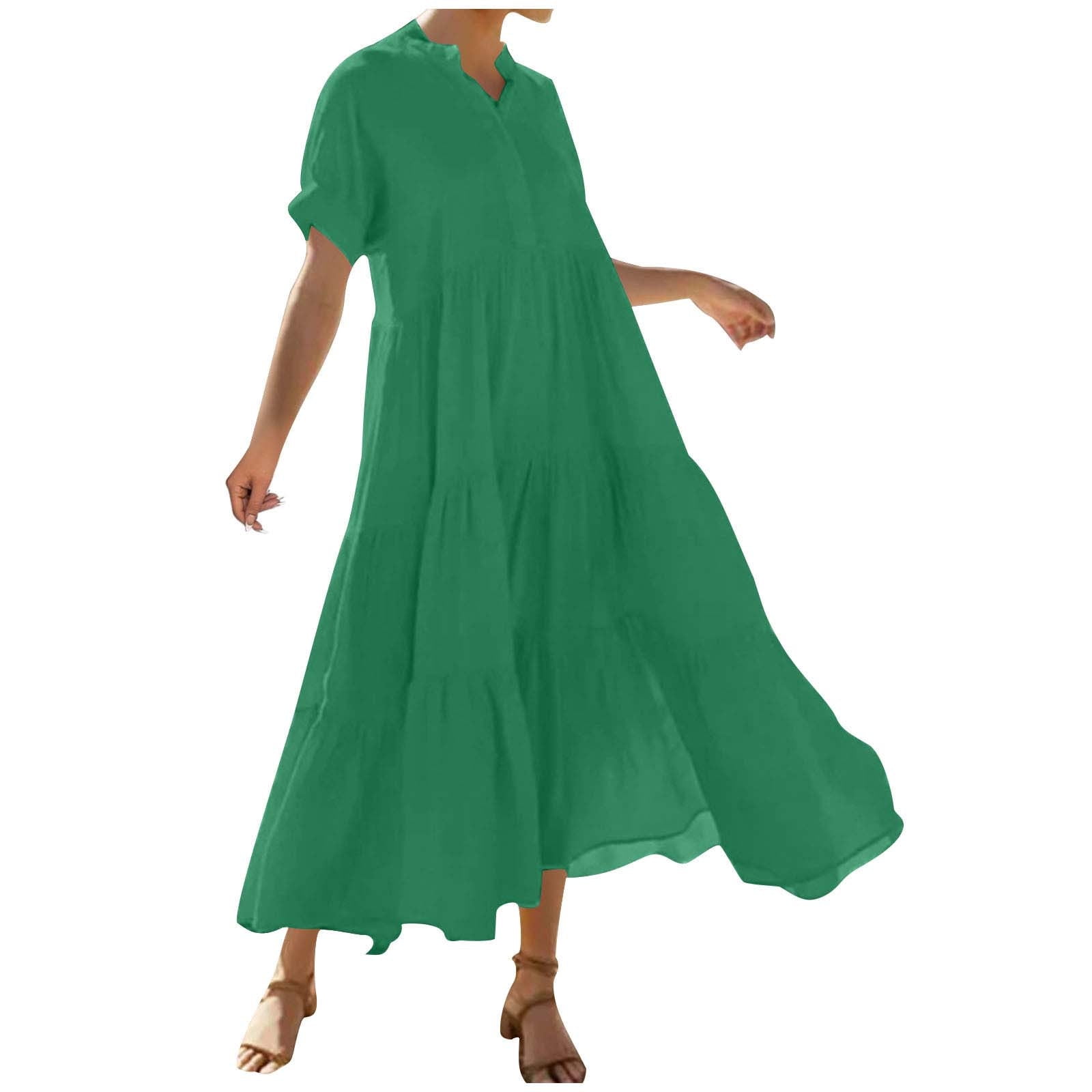 Sentmoon Summer Dresses Fashion 2026 Solid Color Dresses Short Sleeve V Neck Button Down Wedding Pleated Breathable Regular Fit A Line Dresses for Women for Indoor and Outdoor