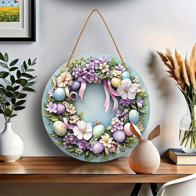 Atrapasol de vitral con forma de conejito de Pascua | Adorno decorativo redondo de 20 cm para ventana con huevos y flores de colores | Arte acrílico de doble cara para decoración del hogar en