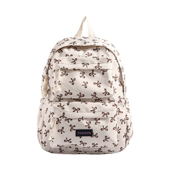Bow Print Backpack Front Pocket Drawstring Detail Lightweight Waterproof Teen Back To School Casual Daypack