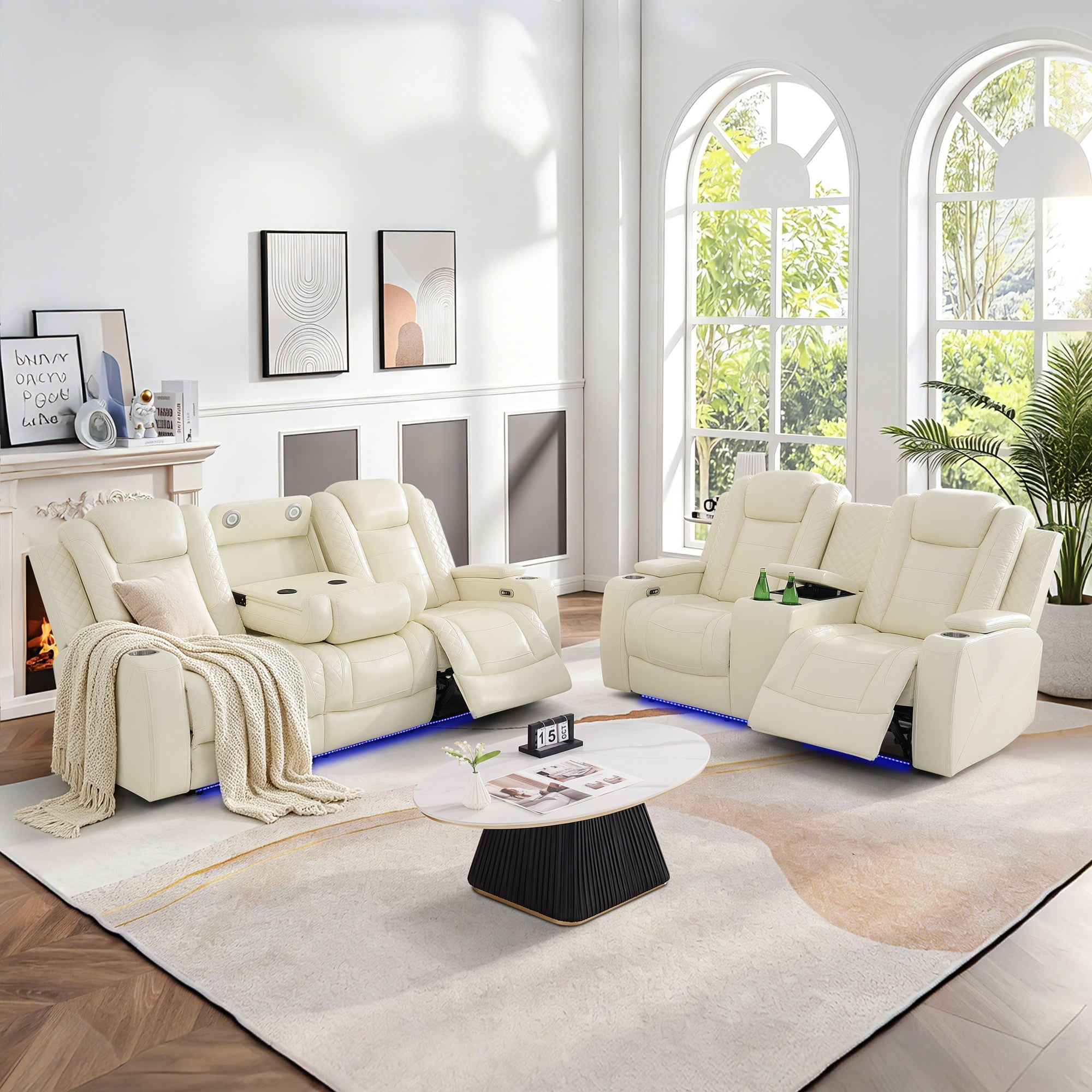 Gewnee Power Recliner Sofa Set,Air Leather 2 Pieces Sectional Couch with LED Light,Storage Console,Cup Holder for Living Room