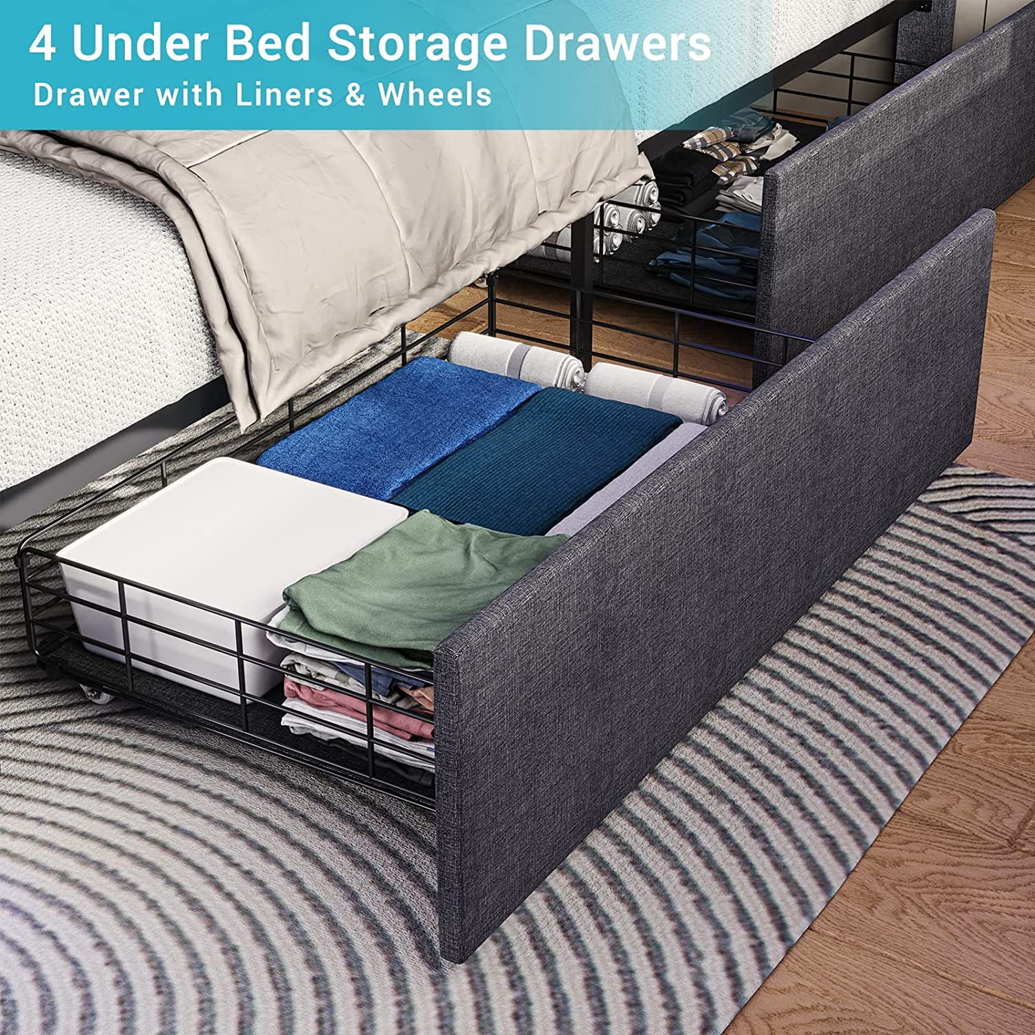 Afuhokles LED Bed Frame Queen Size with 2 USB Ports, Platform Bed Frame with Headboard and Footboard, Storage Drawers, Dark Grey