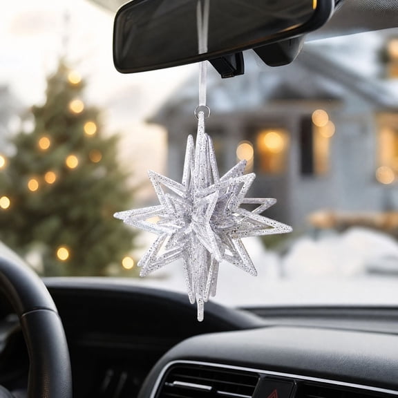 White Glitter Christmas Car Rearview Mirror Hanging Ornaments – Snowflake, Star & Bow Pendant Set for Vehicle Interior, Tree, Window & Holiday Decor