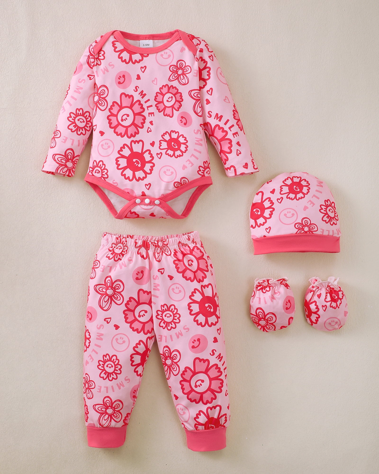 KIMI BEAR Newborn Baby Girls Layette Set 4 Packs 0-3 Months Winter Clothes Outfits Long Sleeves Romper Top Pants Gloves Hats 16 Piece Essentials Accessories Clothing Gift Sets Pink