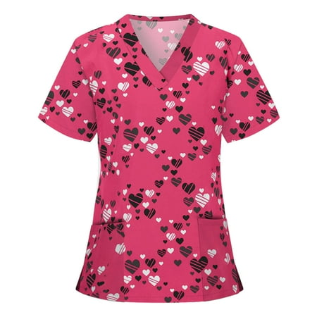 

Womens Printed Working Uniform Blouse Slim Fit Plain Classic Short Sleeve Shirt V-neck Tops with Pockets Trendy Novelty Cute Tunic Casual Blouse Tee Shirt Top for Women