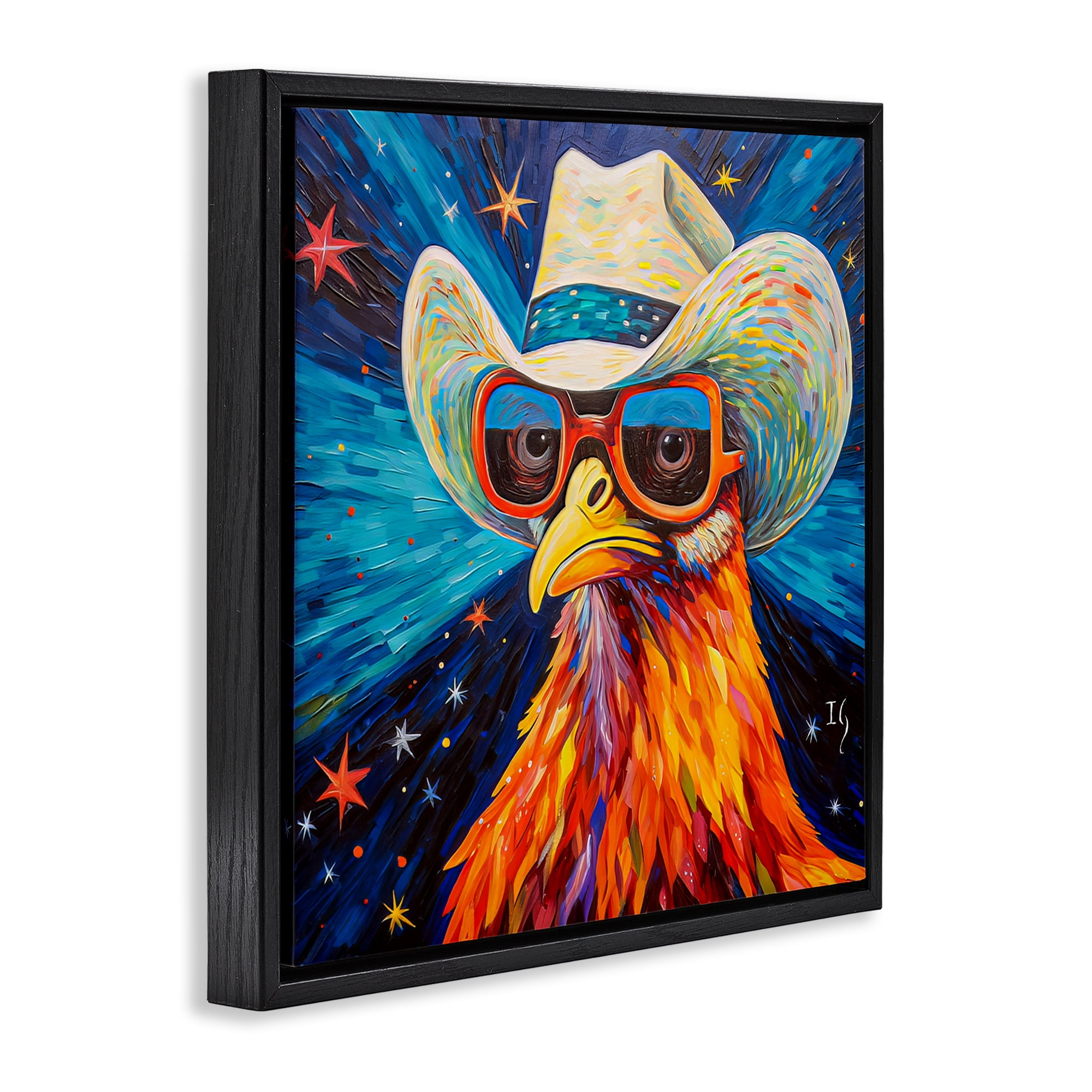 Stupell Industries Cowboy Chicken with Stars Animals & Insects Painting Black Floater Framed Canvas Art Print Wall Art, 18 x 18
