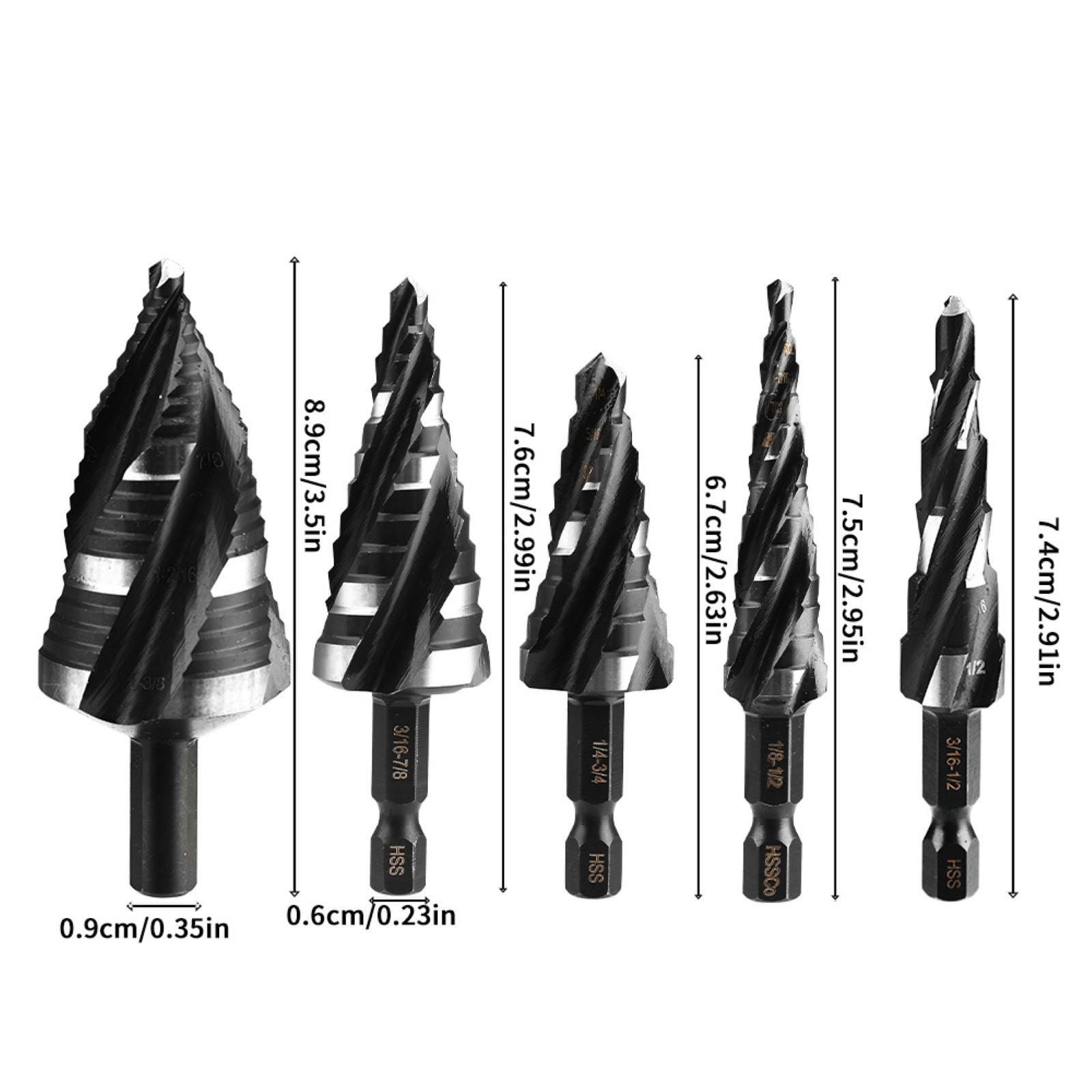 APPLAYERR Step Drill Bit Set Multi Size HSS 5Pcs 1/4” Hex 9mm Round for Metal Wood Plastic Durable Power Tools
