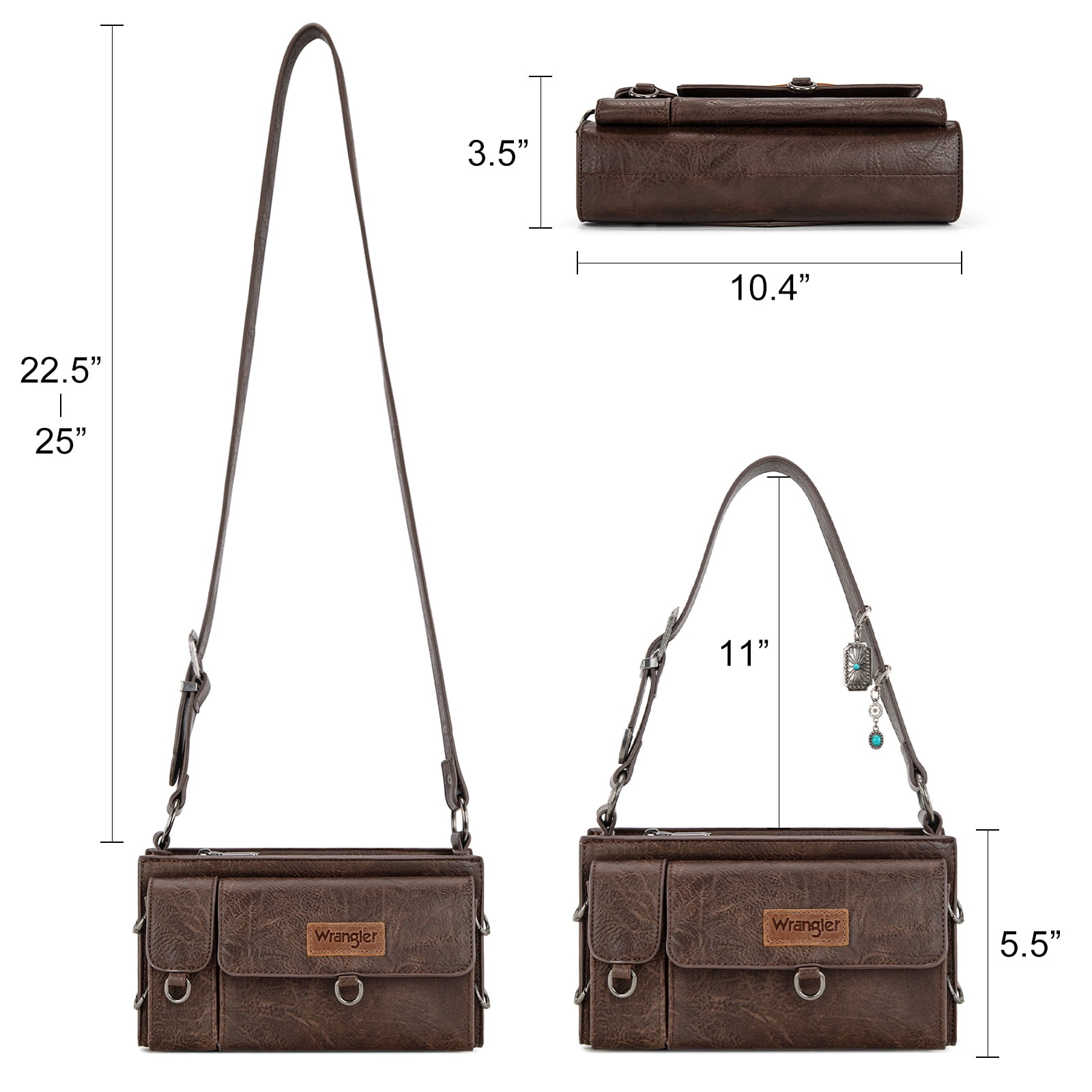 Wrangler Y2K Purse Small Shoulder Bag for Women Stylish Western Design with Detachable Charms Multiple Pockets, Coffee