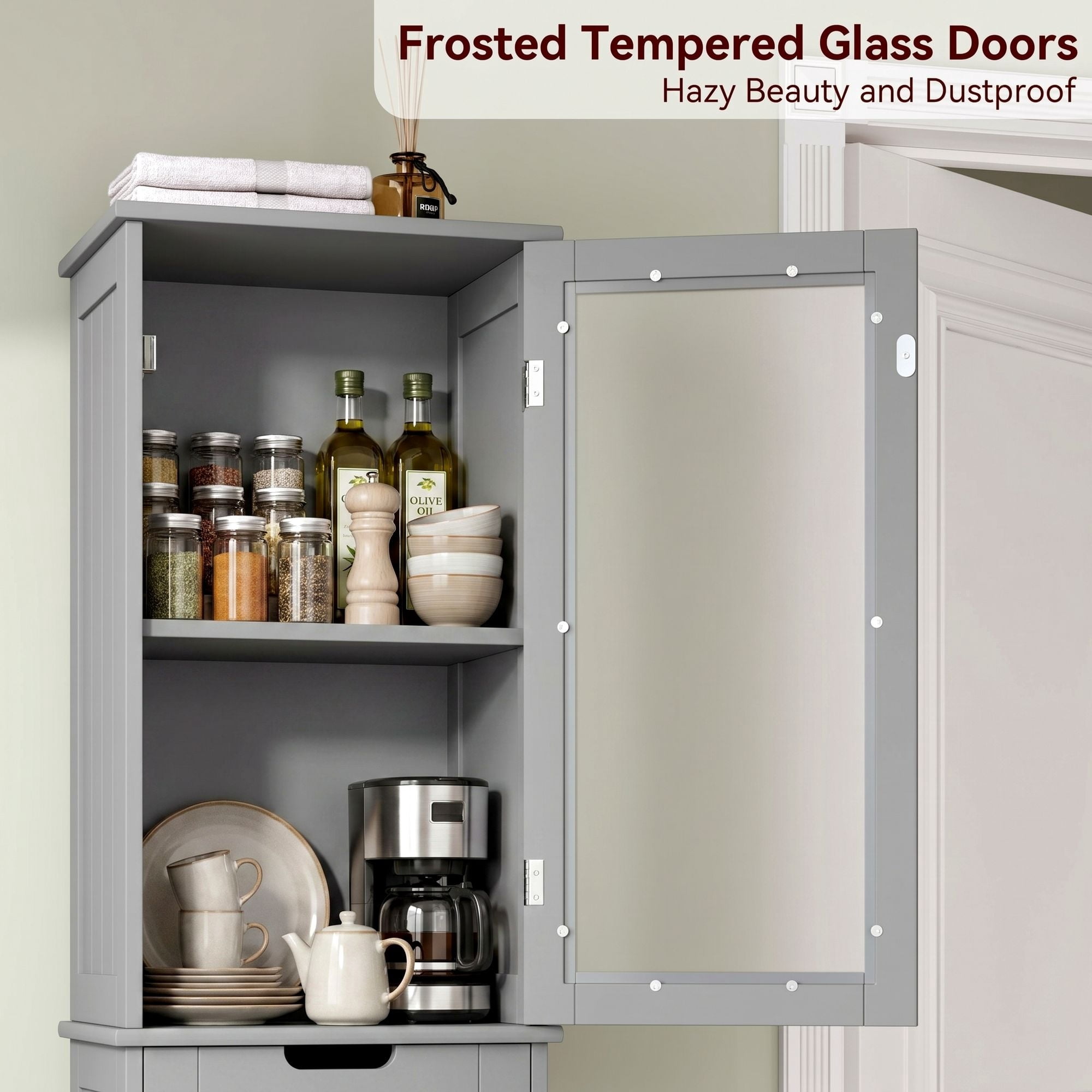 Homfa Narrow Kitchen Pantry Storage Cabinet, 67" Slim Pantry Cabinet with Drawer and Door, Space-Saving Freestanding Storage Cabinet for Small Place, Gray