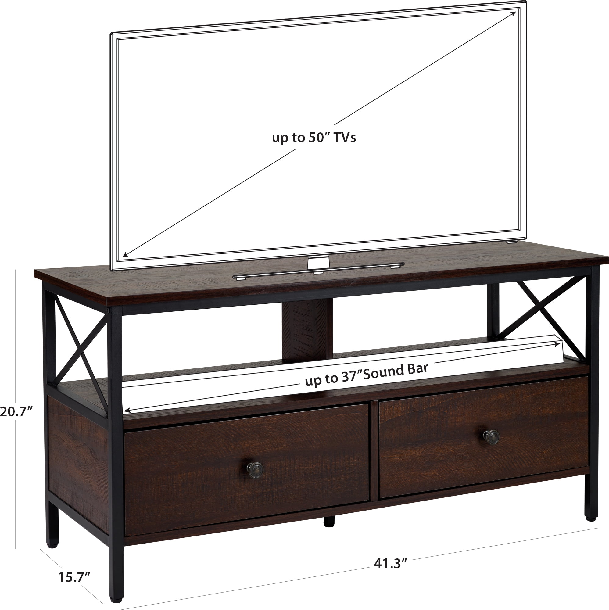 DecorTech Industrial Metal and Wood TV Stand for TVs up to 50", Walnut