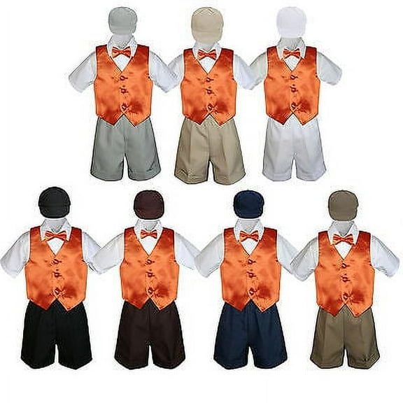 Boy Toddler Formal Orange Vest Bow Tie White Black Gray Brown Hat 5pc Set S-4T