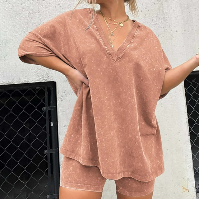 Pavied Two Piece Sets,Lounge Sets,Pajamas 2 Piece Outfits Sets Oversized T Shirts Tops Biker Shorts Set Workout Reversible Tracksuit,Matching Sets,Womens Sweatshirt,Tracksuit for Women,Orange XXL