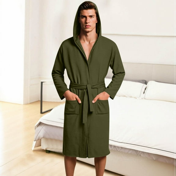 Fanxing Mens Waffle Bathrobe Lightweight Kimono and Hooded Spa Robes Soft Sleepwear Army Green 2XL