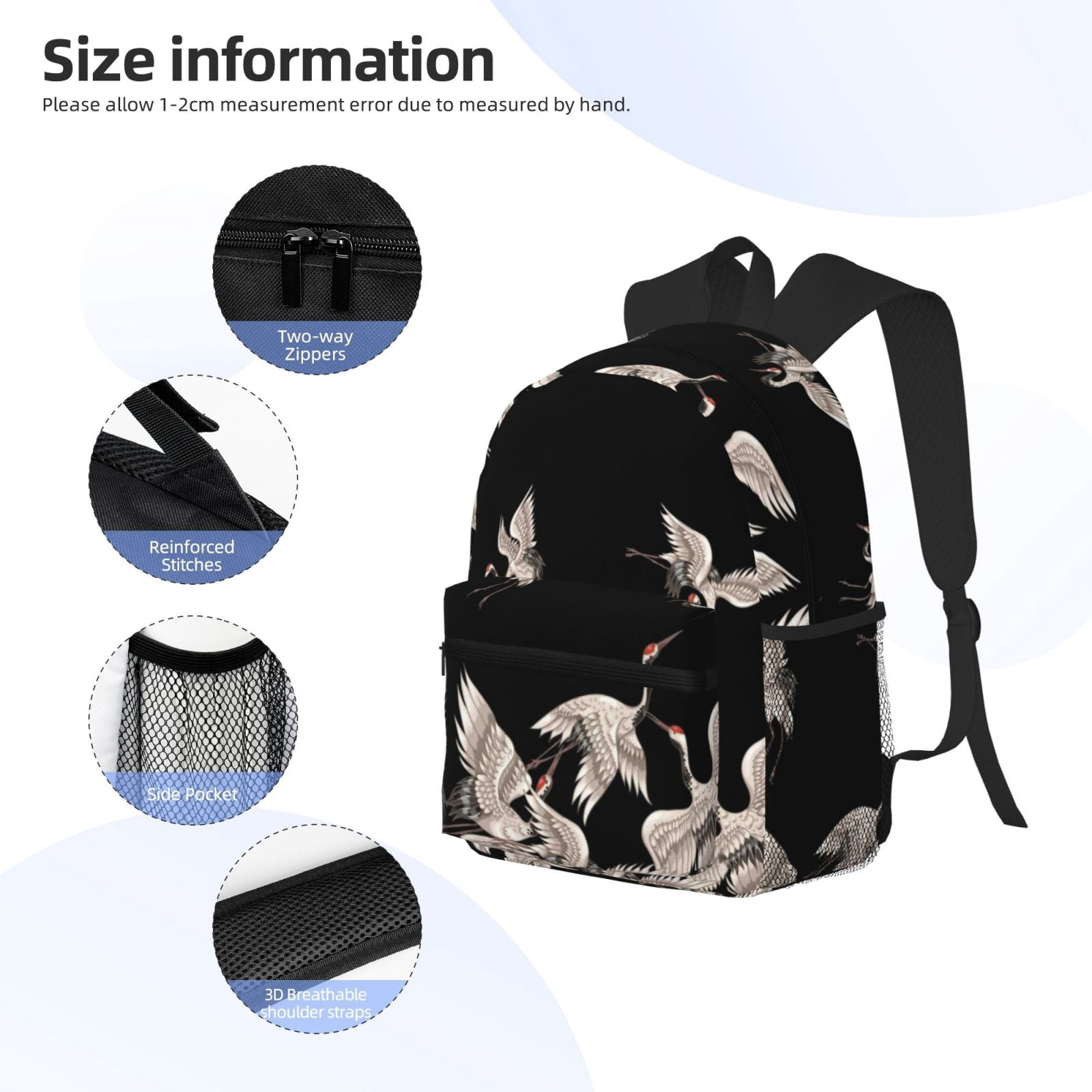 Defioc Japanese White Crane Pattern Laptop Backpack for Men and Women,Casual Backpack Dayback Sports Bookbag for Travel Running Hiking