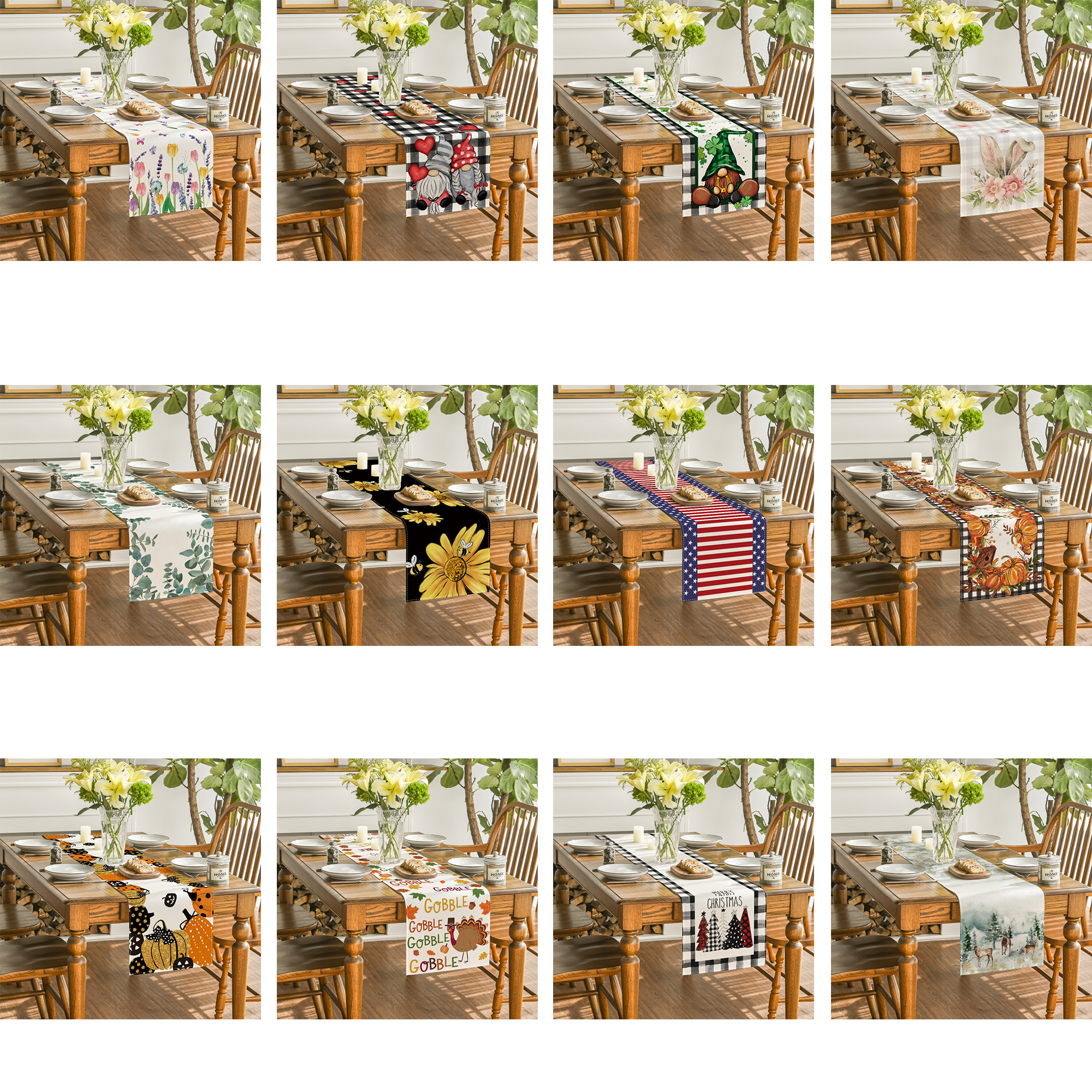 Smile All Seasons Seasonal Decorative Set of 12 Table Runner for Dining Table 13 x 72 Inch, Farmhouse Kitchen Dining Room Decoration