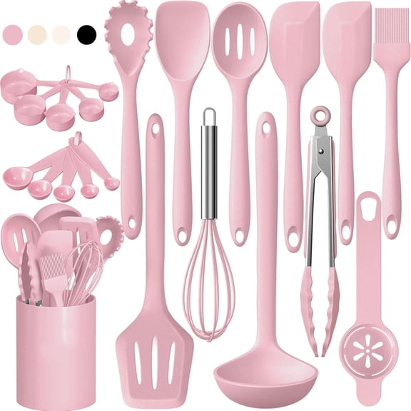 22Pcs Silicone Cooking Utensils Set, Heat Resistant Silicone Kitchen Spatulas Set with Holder, Cooking Gadgets Tools Set for Nonstick Cookware, Dishwasher Safe(Pink)