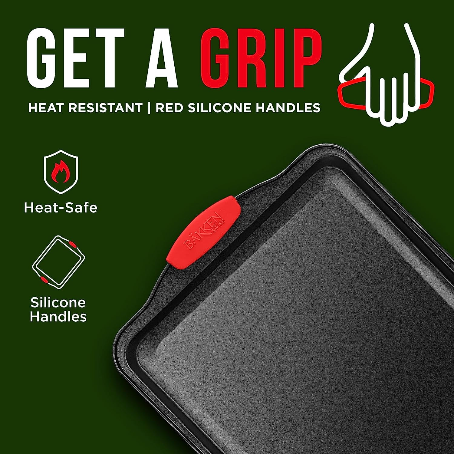 Bakken- Swiss Nonstick Cookie Sheet Pan Carbon Steel Oven Tray Sheet Pan with Red Silicone Handles -Small Bakeware Pan Tray with Gray Coating Inside & Outside