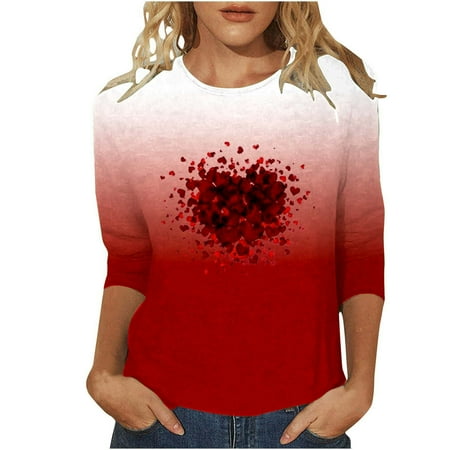 ZHOUCHANKIDS Women s Valentine s Day Heart Print Casual T-Shirt Round Neck Quarter Sleeve Blouse Top for Her Red S