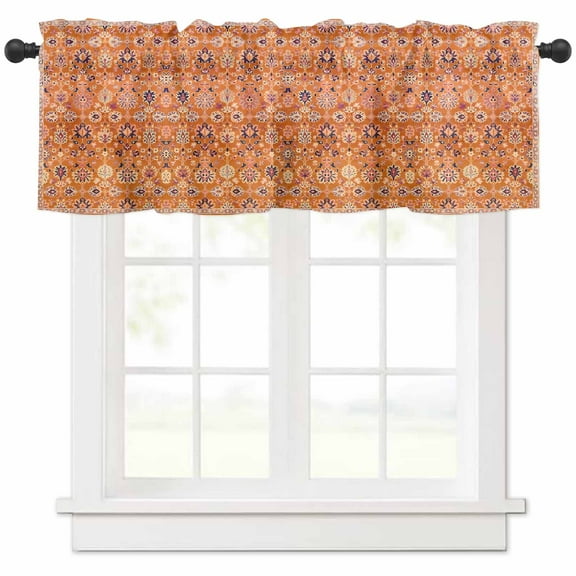 Boho Orange Curtain Valance for Windows/Kitchen/Living Room/Bedroom, Country Style Bohemian Floral Retro Tribal Rod Pocket Window Treatment Short Drape Topper Small Tier Cafe Curtains Panel 54X18