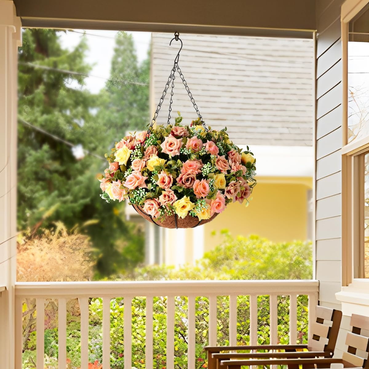 Artificial Fake Hanging Plants Flowers Basket for Spring Outdoor Decoration,Faux Silk Flowers Realistic UV Resistant in 12 inch Coconut Lining Baskets for Patio Decor(Rose red White)