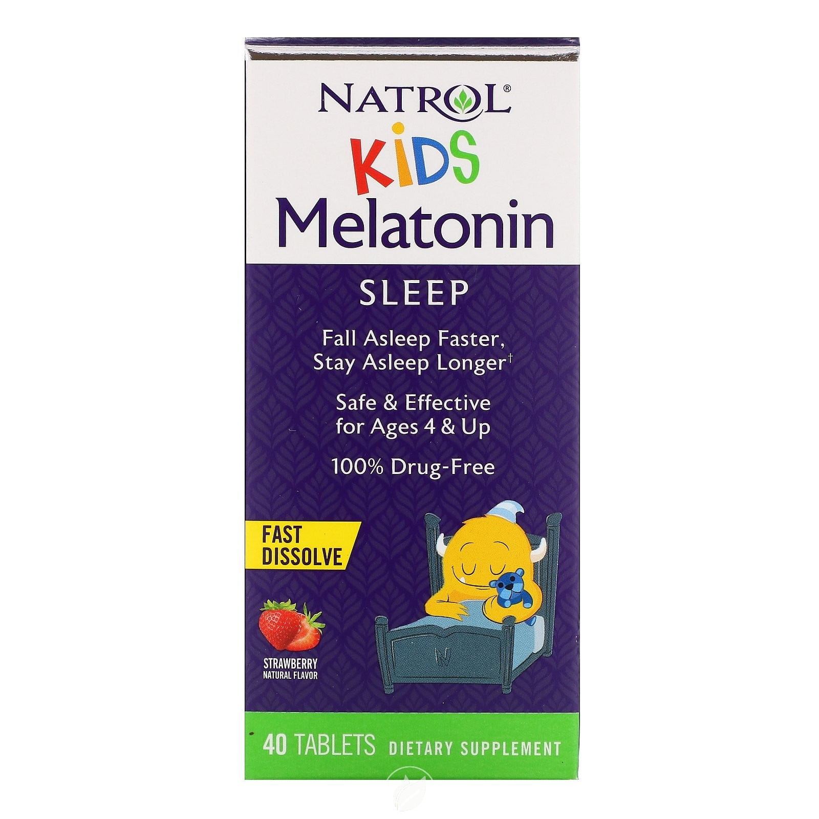Natrol Kids Melatonin Fast Dissolve Tablets, Helps You Fall Asleep Faster, Stay Asleep Longer, Easy to Take, Dissolves in Mouth, for Ages 4 & Up, Strawberry Flavor, 1mg, 40 Count