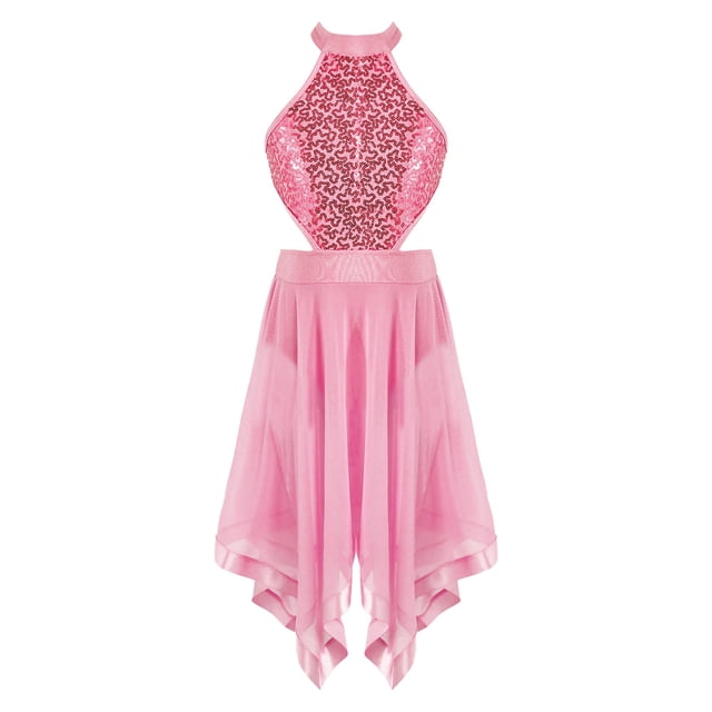 Xnihocha Robe de Danse Latine Moderne pour Filles, Sequins, Dos Creux, Robe de Danse avec Jupe Irrégulière, Rose 16