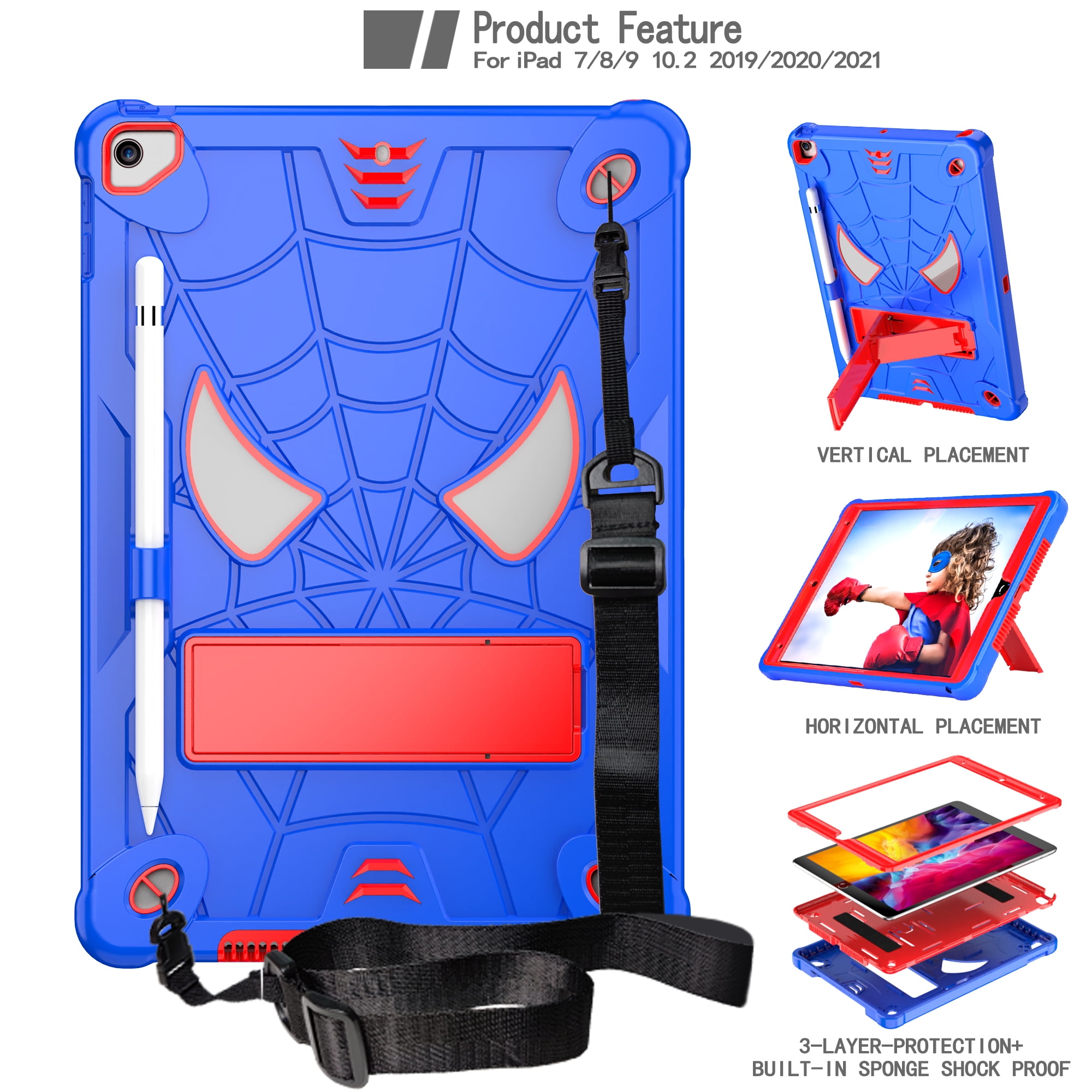 ELEHOLD Kids Case for iPad 9th/8th/7th Gen 10.2" 2021/2020/2019, Heavy Duty Rugged Cover with Foldable Kickstand Crossbody Shoulder Strap Pencil Holder Shockproof Case for iPad 10.2",Blue+Red