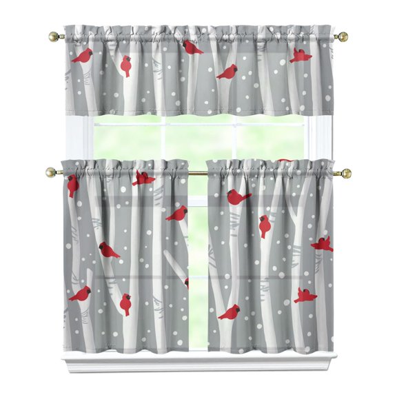 3-Piece Christmas Kitchen Curtain Set - Ruffled Valance and Tier Curtains with Rod Pocket, Fresh Winter Pattern for Farmhouse Kitchen Windows Decor, 54"x14" 27.5"x36"x2
